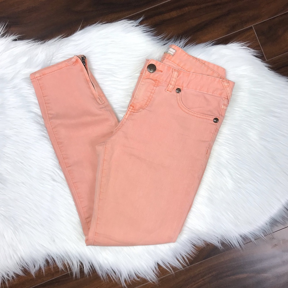 Free People Orange Coral Ankle Zipper Skinny Jeans